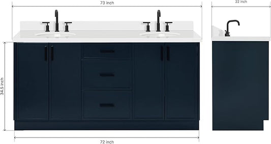 ARIEL Kelly 72-inch Bathroom Vanity with Sink,Solid Wood, 1.5-inch Pure White Quartz Countertop & Backsplash, Double Oval Porcelain Sink, 4 Soft Closing Doors, 5 Dovetail Drawers, Midnight Blue