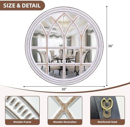 Round Window Mirror Wood 30 Inch Rustic Farmhouse Wall Mirrors for Entryway