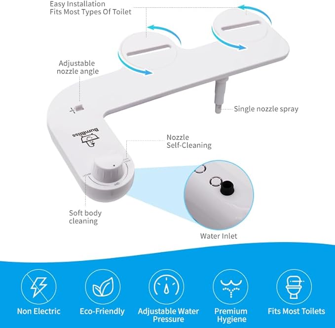 BUMBLISS Self-Cleaning Non-Electric Bidet Attachment for Toilet – Adjustable Water Pressure Control, Manual White Knob, Easy to Install, Eco-Friendly Hygiene Upgrade for Bathroom, Beday Badette