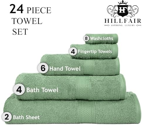 HILLFAIR 100% Cotton 24 Piece Bath Towels Set for Bathroom - Sage