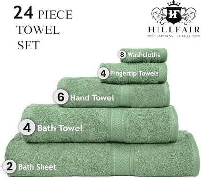HILLFAIR 100% Cotton 24 Piece Bath Towels Set for Bathroom - Sage