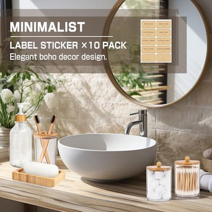 Bamboo Bathroom Accessory Set 5 Pcs, Boho Bathroom Accessories Sets Complete, Clear Bath Soap Dispenser and Toothbrush Holder Set, Soap Dish, Cotton Swab Jar, Boho Organizer