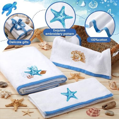 Peryiter 3 Pack Coastal Seashell Decorative Bath Towel Set
