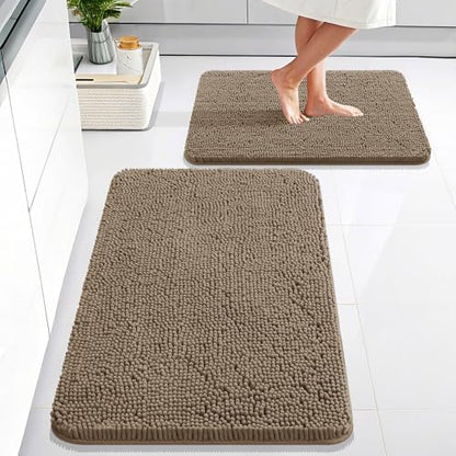 OLANLY Chenille Bathroom Rugs Mats Sets 2 Piece, 30"x20"+24"x16", Tan