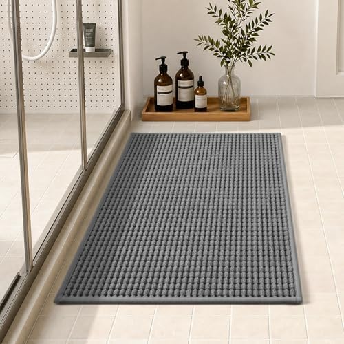 tchdio Bath Mat, Absorbent Bathroom Mat Quick Dry, Thin Bathroom Rugs Fit Under Door, Non Slip Washable Bath Rugs with Solid Rubber Backing, Low Profile Bath Mats for Bathroom, Grey, 24" x 36"