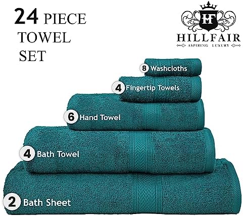 HILLFAIR 100% Cotton 24 Piece Bath Towels Set for Bathroom - Teal