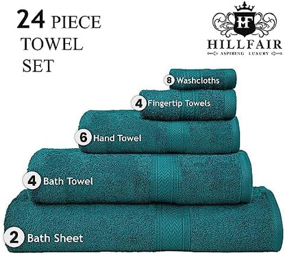 HILLFAIR 100% Cotton 24 Piece Bath Towels Set for Bathroom - Teal