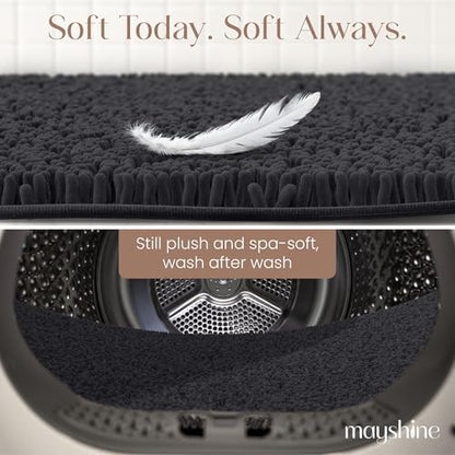 MAYSHINE Plush Shaggy Chenille Bath Mat | Extra Soft, Super Absorbent, Non-Slip Bathroom Rug | Fluffy Microfiber, Area Rug Sets for Bathroom Floor, Kitchen, Living Room | 59"x31" | Black