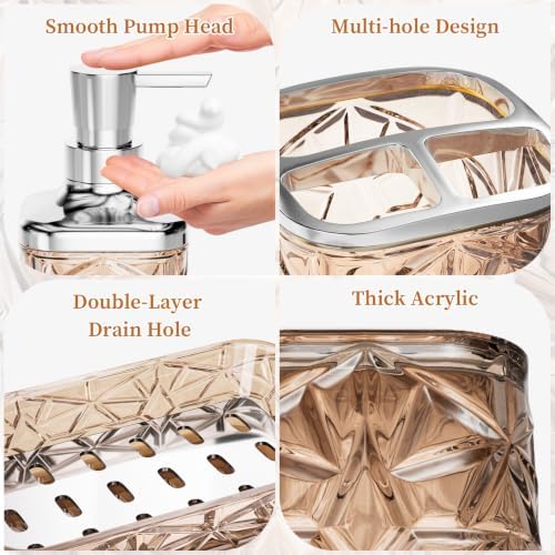 Bathroom Accessory Set, 7 Pcs Brown Bathroom Set, Acrylic Soap Dispenser and Toothbrush Holder Set, Qtip Holder Set, Bathroom Sink Set, Gift for Home Apartment