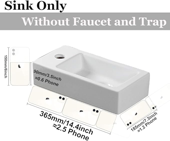 Wall Hung Basin Sink Small Cloakroom Basin Rectangle Ceramic Wash Basin Right Hand (Left Hand)
