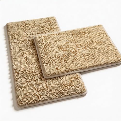 RUN HELIX Beige Bath Mat Set - 32"L x 20"W + 24"L x 16"W, Non Slip, Machine Washable, Home Decor