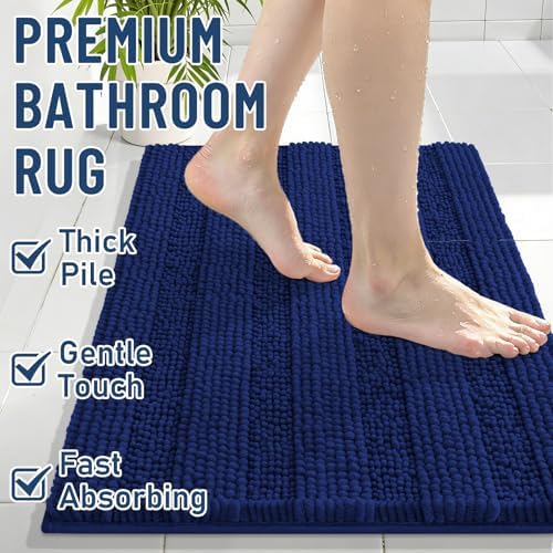 Grandaily Chenille Striped Bathroom Rugs 47x32, Extra Thick and Soft Absorbent Bath Mats, Rubber Backing, Plush Shaggy Shower Carpet, Machine Wash Dry, Bath Rug for Bathroom, Navy Blue