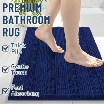 Grandaily Chenille Striped Bathroom Rugs 59x20, Extra Thick and Soft Absorbent Bath Mats, Rubber Backing, Plush Shaggy Shower Carpet, Machine Wash Dry, Bath Rug for Bathroom, Navy Blue