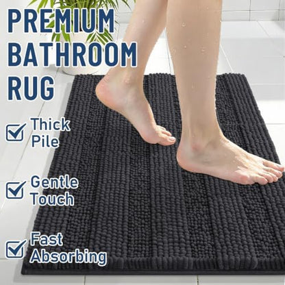 Grandaily Chenille Striped Bathroom Rugs 47x32, Extra Thick and Soft Absorbent Bath Mats, Rubber Backing, Plush Shaggy Shower Carpet, Machine Wash Dry, Bath Rug for Bathroom, Charcoal