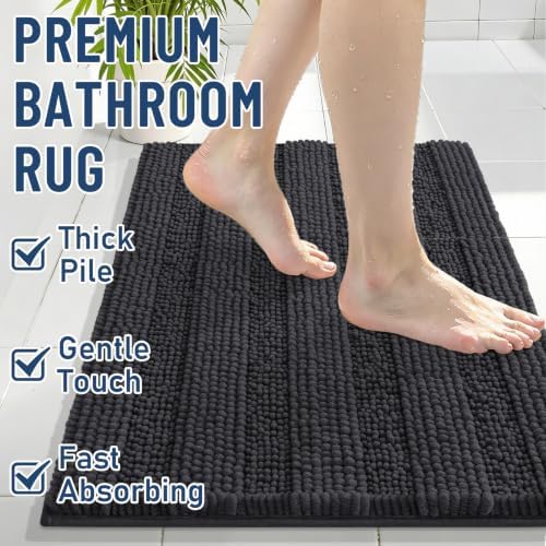 Grandaily Chenille Striped Bathroom Rugs 59x35, Extra Thick and Soft Absorbent Bath Mats, Rubber Backing, Plush Shaggy Shower Carpet, Machine Wash Dry, Bath Rug for Bathroom, Charcoal