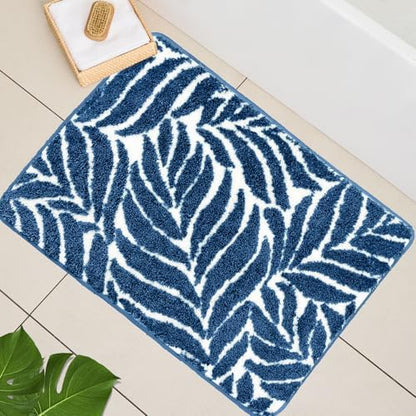 Blue Bathroom Rug - Blue Bath Mat Large Tropical Leaf Bath Rugs Non Slip Washable Bathrug for Bathroom Floor, Cute Plant Bathmat Absorbent Bath Mats Botanical Home Decor 24" x 36"