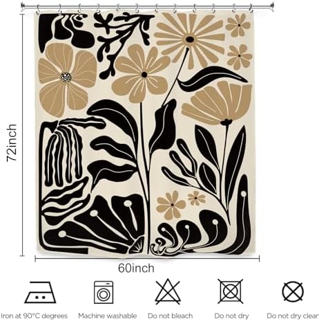 Black Tan Matisse Flower Shower Curtain 60Wx72L Inch Minimalist Abstract Vintage Botanical Blossom Modern Neutral Wildflower Art Bathroom Set Accessories Decor with 12 Pack Hooks