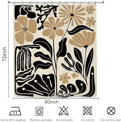 Black Tan Matisse Flower Shower Curtain 60Wx72L Inch Minimalist Abstract Vintage Botanical Blossom Modern Neutral Wildflower Art Bathroom Set Accessories Decor with 12 Pack Hooks