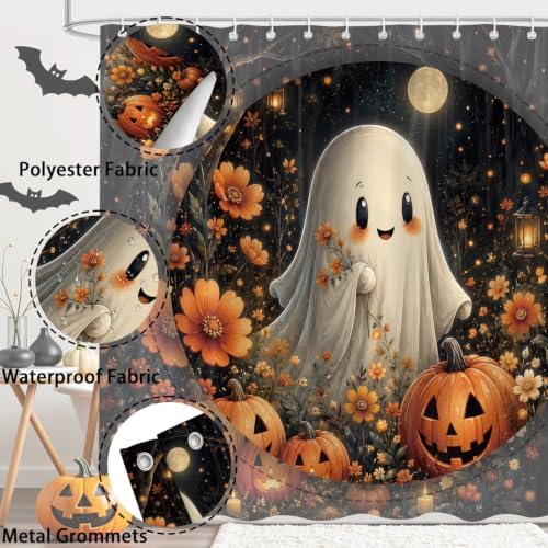 Halloween Shower Curtain, Funny Spooky Pumpkin Floral Shower Curtains Set for Bathroom, Waterproof Polyester Bathroom Decor Accessories with Hooks, 72x72 Inch