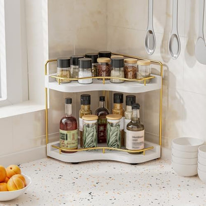 2-Tier Corner Bathroom Counter Organizer, Larger, White Gold