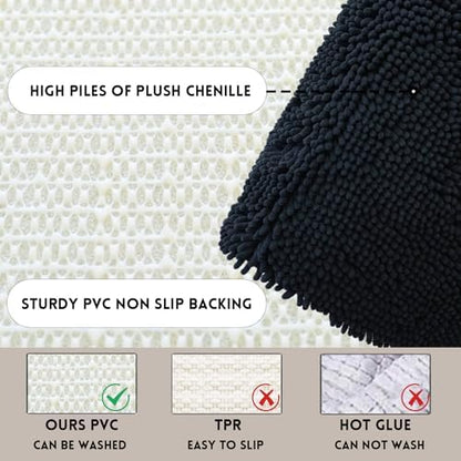 Bathroom Rugs Sets 2 Piece Chenille Bathroom Rugs,Extra Thick and Absorbent,Strong PVC Non-Slip Underside, Machine Washable, Dry Quckily, Soft Cozy Plush for Toilet,Bedroom (Black)