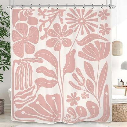 Pink Matisse Flower Shower Curtain 60Wx72L Inch Abstract Retro Aesthetic Minimalist Vintage Art 70s Trendy Modern Bathroom Set Accessories Decor with 12 Pack Hooks