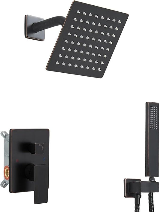 Oil Rubbed Bronze Shower System 6 Inch Bathroom Rain Mixer Shower Combo Set Wall Mounted Rainfall Shower Head and Handheld System Shower Faucet Set Rough-in Valve Body and Trim Kit