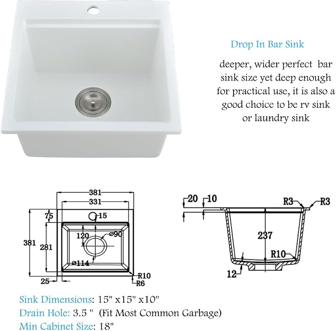 15 Inch White Drop In Bar Sink Workstation, Quartz Outdoor Rv Sink | 15x15 Wet Bar Sink Single Bowl Small Drop In Kitchen Sinks with Cutting Board,Resistant to Stain, Heat, Chipping & Scratch