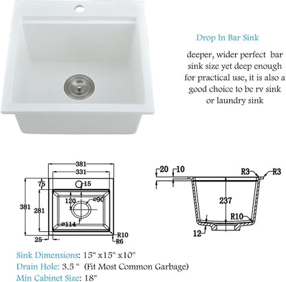 15 Inch White Drop In Bar Sink Workstation, Quartz Outdoor Rv Sink | 15x15 Wet Bar Sink Single Bowl Small Drop In Kitchen Sinks with Cutting Board,Resistant to Stain, Heat, Chipping & Scratch