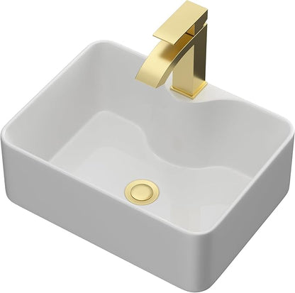 Bathroom Vessel Sink 16" x 12" Rectangle Vessel Sink With Gold Faucet And Gold Drain Combo Bowl Sink Bathroom Sinks Countertop Rectangular White Farmhouse Lavatory Vanity Sink Basin