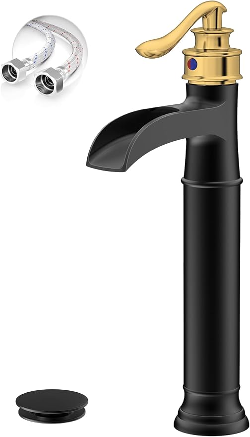 Bathroom Vessel Sink Faucet Waterfall Single Handle Single Hole | Black and Gold,Brass,Pop Up Drain without Overflow,Supply Line,Easy to Clean,Easy Installation,Rust Resistant,Minimalist
