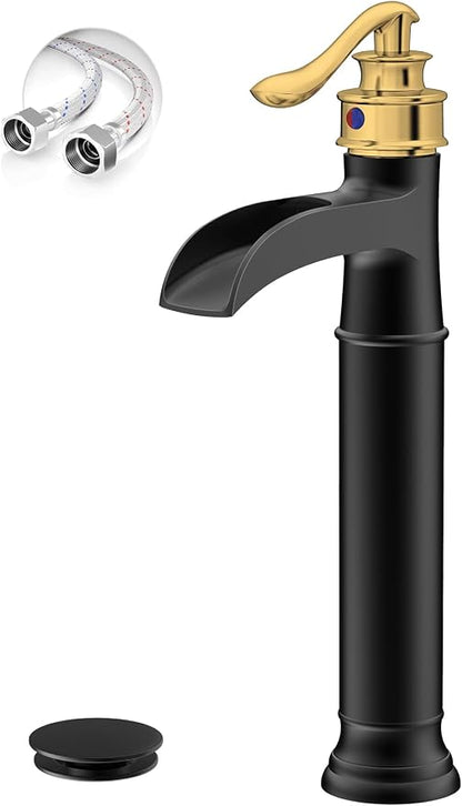 Bathroom Vessel Sink Faucet Waterfall Single Handle Single Hole | Black and Gold,Brass,Pop Up Drain without Overflow,Supply Line,Easy to Clean,Easy Installation,Rust Resistant,Minimalist