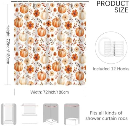 Fall Pumpkin Shower Curtain, Floral Autumn Bathroom Decor, 72 x 72