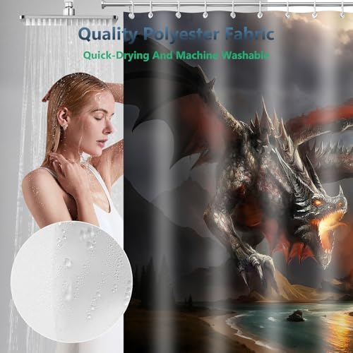 Fire Dragon Knight Fantasy Art Shower Curtain with Hooks 72 x 72 Inches
