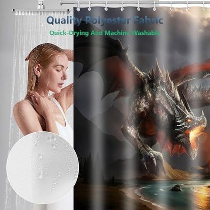 Fire Dragon Knight Fantasy Art Shower Curtain with Hooks 72 x 72 Inches