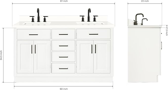 ARIEL Hepburn 60-inch Bathroom Vanity with Sink,Solid Wood, 1.5-inch Pure White Quartz Countertop & Backsplash, Double Rectangular Porcelain Sink, 4 Soft Closing Doors, 6 Dovetail Drawers, White
