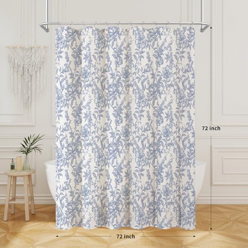 Blue Boho Linen Fabric Shower Curtain , Farmhouse Floral For Bathroom