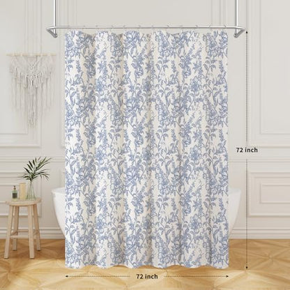 Blue Boho Linen Fabric Shower Curtain , Farmhouse Floral For Bathroom
