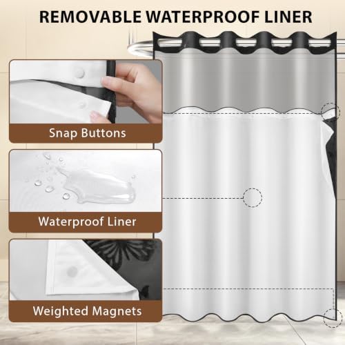 FADOTY No Hook Shower Curtain Snap in Liner Set with Black Butterfly Design