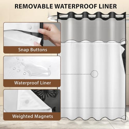 FADOTY No Hook Shower Curtain Snap in Liner Set with Black Butterfly Design