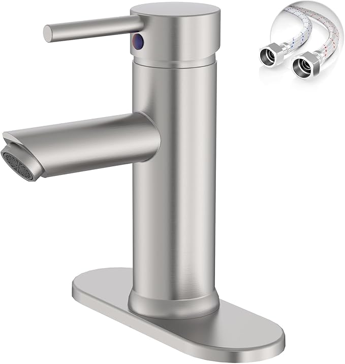 Brushed Nickel Bathroom Faucets, Greenspring Single Handle One Hole Bathroom Sink Faucet, Water Saving Lavatory Vanity Sink Faucet with Cover Plate Commercial Mixer Tap Supply Line, Brass