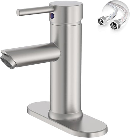 Brushed Nickel Bathroom Faucets, Greenspring Single Handle One Hole Bathroom Sink Faucet, Water Saving Lavatory Vanity Sink Faucet with Cover Plate Commercial Mixer Tap Supply Line, Brass