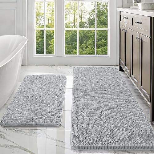 OLANLY Chenille Bathroom Rugs Mats Set 2 Piece, 47"x20"+30"x20", Light Grey