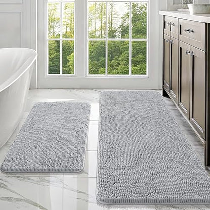 OLANLY Chenille Bathroom Rugs Mats Set 2 Piece, 47"x20"+30"x20", Light Grey