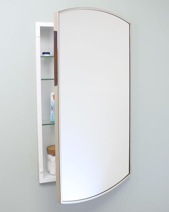 Fox Hollow Furnishings 16x26 Harper Crescent Metal Framed Rectangle Recessed Bathroom Medicine Cabinet, Arced Mirror, 14x24 in-Wall Opening, Adjustable Glass Shelves, Magnet Close, Chrome