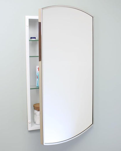 Fox Hollow Furnishings 16x26 Harper Crescent Metal Framed Rectangle Recessed Bathroom Medicine Cabinet, Arced Mirror, 14x24 in-Wall Opening, Adjustable Glass Shelves, Magnet Close, Chrome