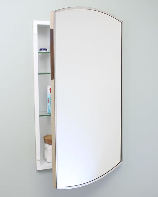 Fox Hollow Furnishings 16x26 Harper Crescent Metal Framed Rectangle Recessed Bathroom Medicine Cabinet, Arced Mirror, 14x24 in-Wall Opening, Adjustable Glass Shelves, Magnet Close, Chrome