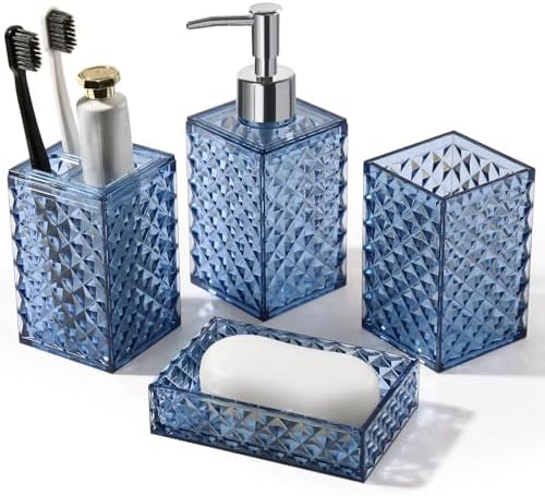 RYTOXILO Bathroom Accessories Set, 4 Pack Blue Acrylic Bath Accessory Sets Complete, Diamond Soap Dispenser and Toothbrush Holder Bathroom Counter Sink Set, Boho Modern Bathroom Decor