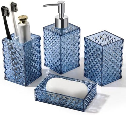 RYTOXILO Bathroom Accessories Set, 4 Pack Blue Acrylic Bath Accessory Sets Complete, Diamond Soap Dispenser and Toothbrush Holder Bathroom Counter Sink Set, Boho Modern Bathroom Decor