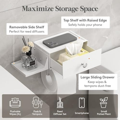Lifewit Toilet Paper Holder Wall Mount with Shelf & Drawer, White, 2 Pack